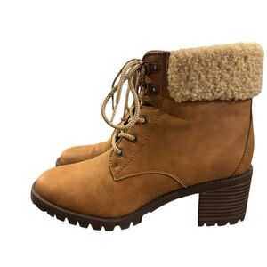 Market & Spruce Tan Lace-Up Ankle Boots with Faux Shearling Cuff